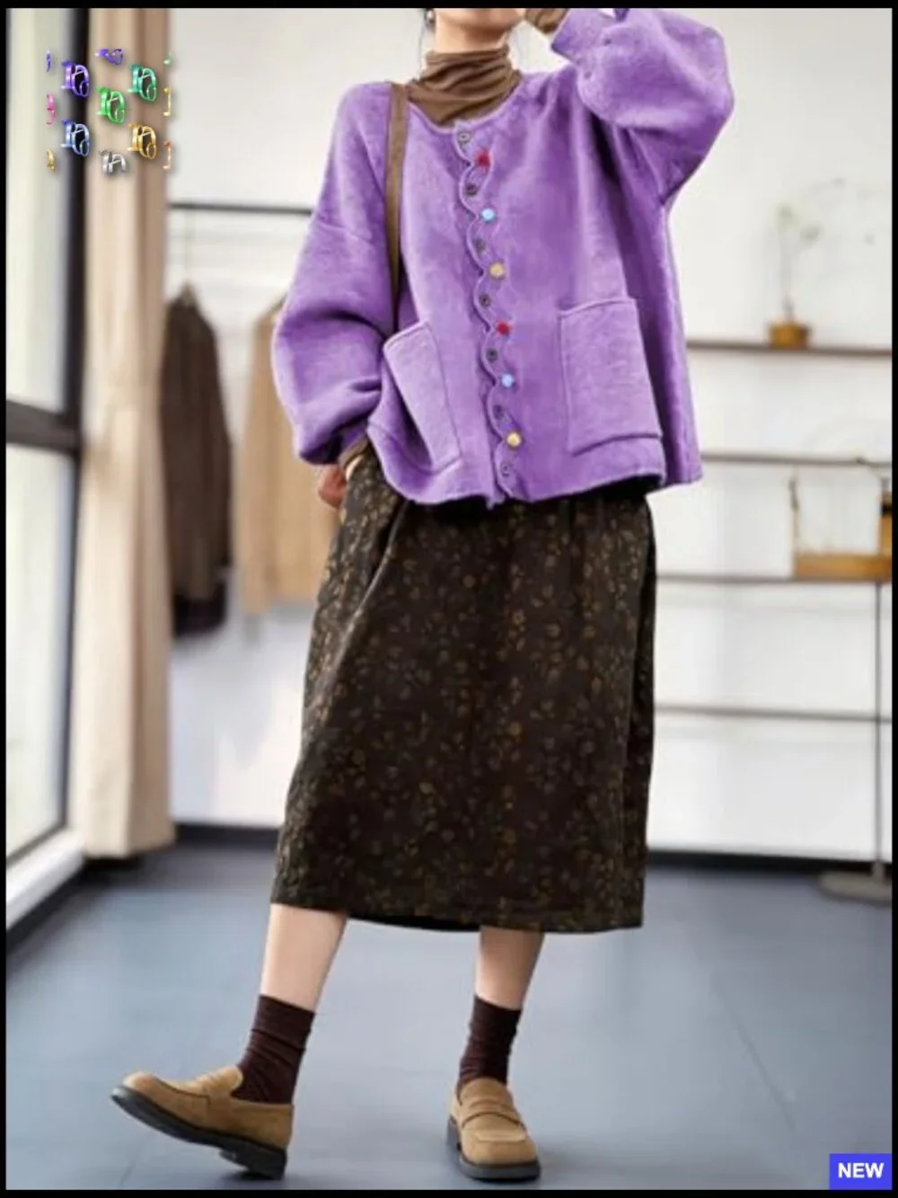 Loose Knit Cardigan Oversized Puff Sleeve Button Sweater Top with Pockets - Picture 5 of 6